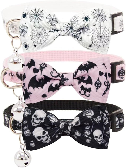 3 Pack Halloween Cat Collar with Detachable Bow Tie & Bell - Breakaway Adjustable Kitten Collars with Skull Gothic Bat Spider Web Pattern for Indoor Outdoor Cats (White, Pink, Black)