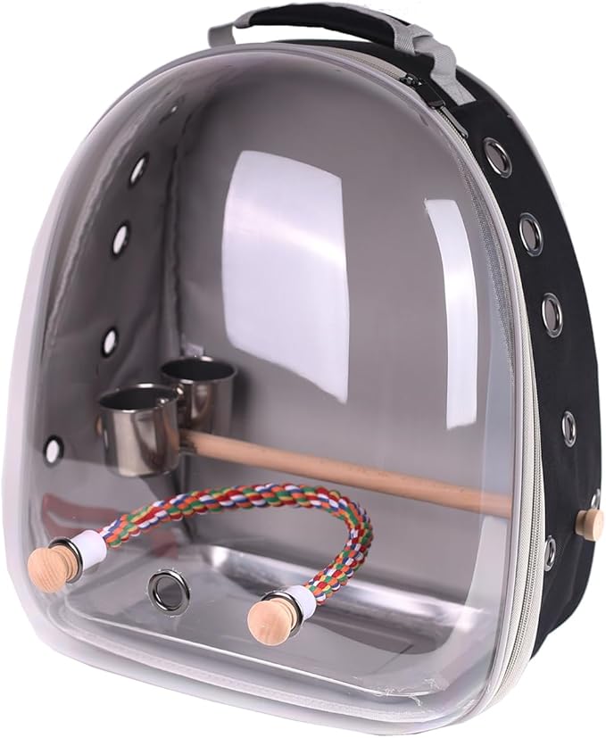 Bird Traval Carrier Cage, Multi Vent Holes Clear Space Capsule Astronaut Backpack to Carry Parakeet Cockatiel Parrot with Metal Tray Wood Perch, Vet Transport Book Bag