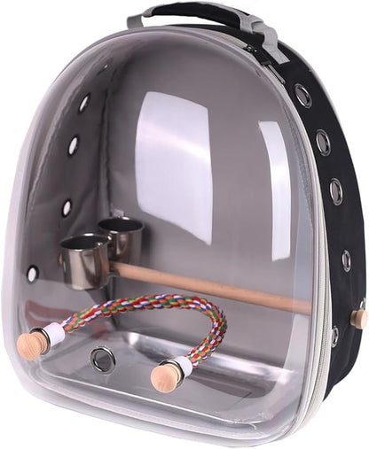 Bird Traval Carrier Cage, Multi Vent Holes Clear Space Capsule Astronaut Backpack to Carry Parakeet Cockatiel Parrot with Metal Tray Wood Perch, Vet Transport Book Bag