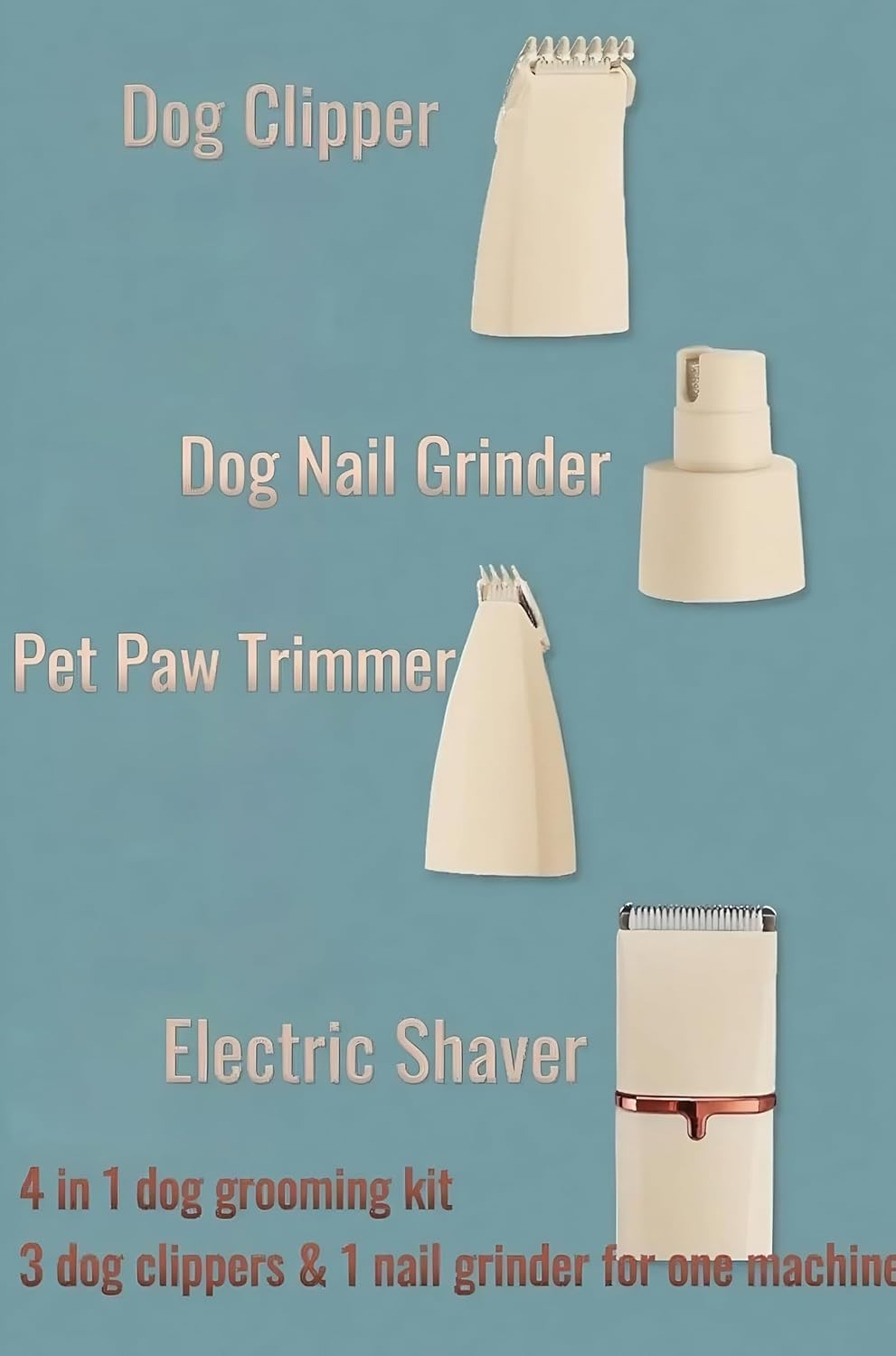 4 in1 Pet Dog Grooming Clippers Cat Nail Clipper&Paw Trimmer Dog Hair Trimmer-Low Noise Rechargeable - Cordless Quiet Pet Grooming Supplies for Dogs Hair Nail Clippers Around Eyes and Ears (Beige)