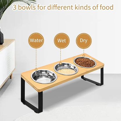 Raised Cat Food Water Bowl，Small Dog 15 ° Tilted Elevated Food Feeding Tray with Three Stainless Steel Bowls to Protect The Spine of Cats and Dogs from Vomiting (Wood Color) (3 Bowls)