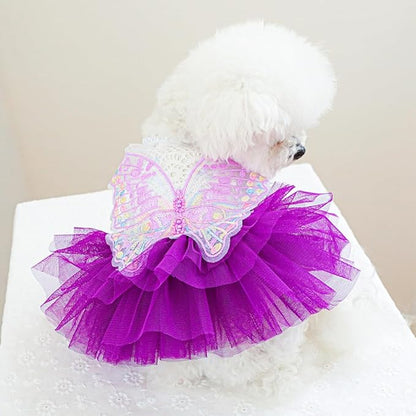 ANIAC Butterfly Dog Dress with Purple Tutu Funny Dog Clothes with Wing Girl Puppy Dress for Small Dogs Pet Butterfly Costume Holiday Cat Outfit for Halloween Birthday Wedding (Purple, Small)
