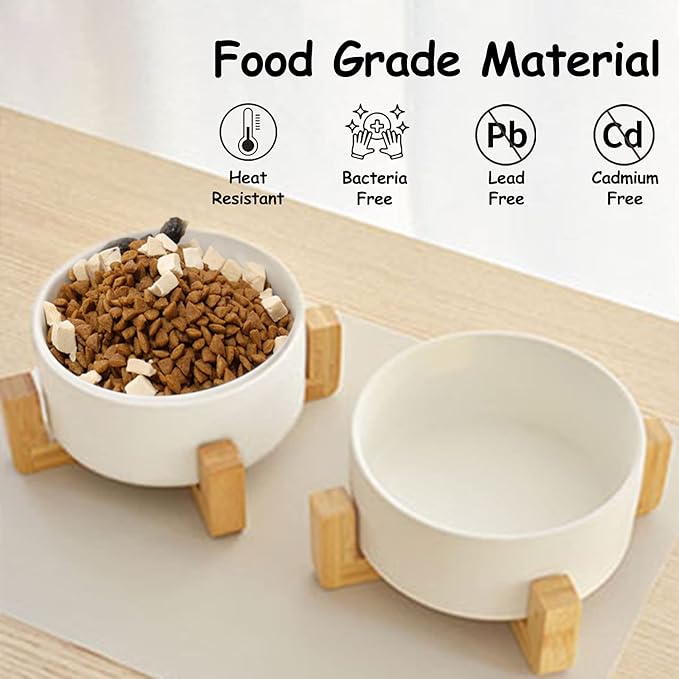 Petygooing White Ceramic Cat Dog Bowl Set with Stand,Small Dog Bowls,Pet Food and Water Dish, Anti Slip Set of 2 Cat Bowls Pet Food Bowl- Pet Dish Small Size Pet (13.5OZ/5.1 in)