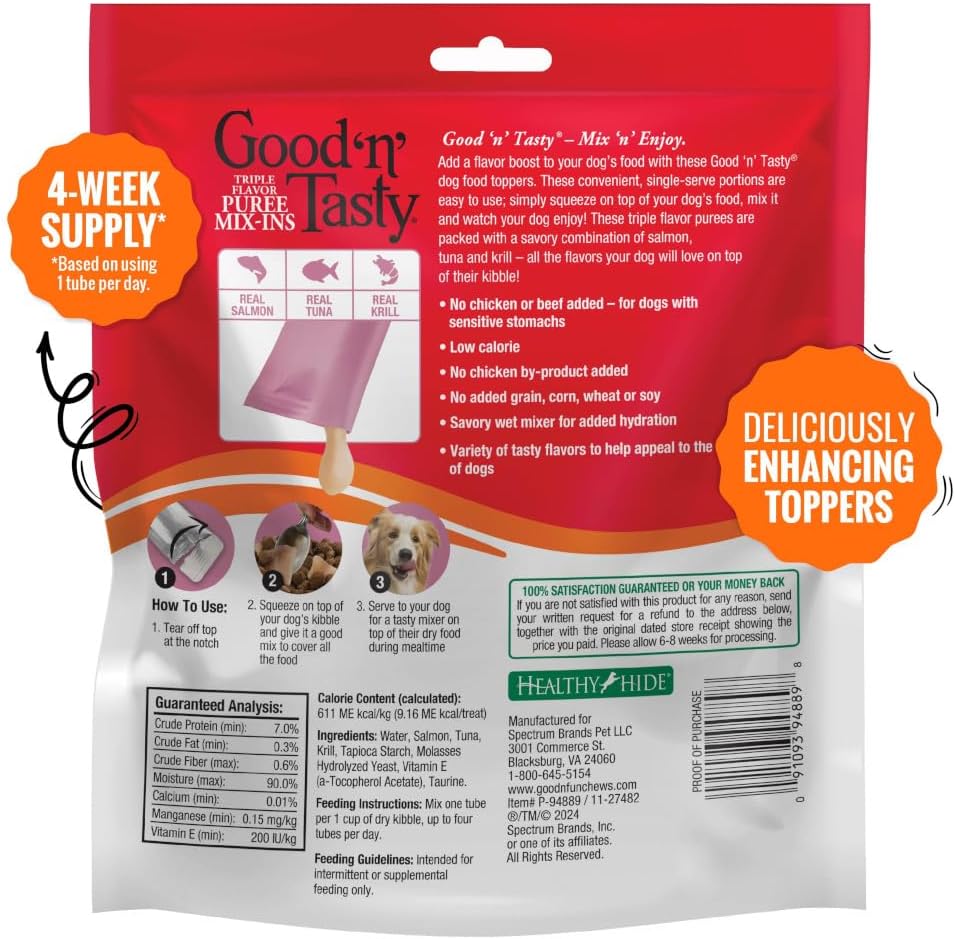 Good 'n' Tasty Triple Flavor Puree Mix-Ins Dog Food Topper Treats for All Dogs, 28 Count, Easy Single-Serve Portions, Added Protein with Salmon, Tuna and Krill, No Chicken or Beef Added