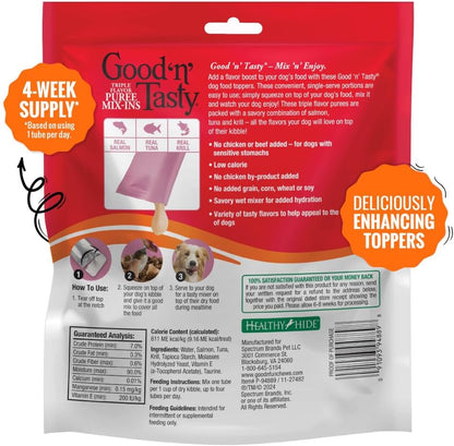Good 'n' Tasty Triple Flavor Puree Mix-Ins Dog Food Topper Treats for All Dogs, 28 Count, Easy Single-Serve Portions, Added Protein with Salmon, Tuna and Krill, No Chicken or Beef Added