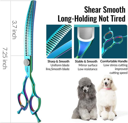 Professional Curved Thinning Shears Dog Grooming Scissors 7.5'' Blue Green Curved Chunkers Shears for Grooming Large Dogs Pet 35 Teeth Japan 440C(Curved Chunkers,Turquoise)