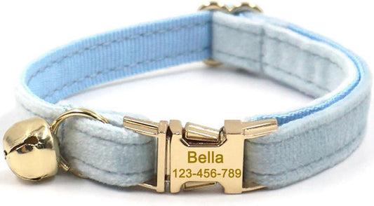 Personalized Cat Collar with Bells,Velvet Customized Small Cat Collar with Name Tag,Pet Collar with Name Phone Number Engraved ID Tags for Boy and Girl Kitten Cats (Sky Blue)