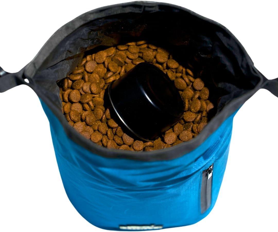 Callieco Dog Food Travel Bag w/ 1 Cup Scoop and Zipper Side Pocket | Waterproof Kibble Storage Container for Home, Road Trips, Camping, Boarding and More (Blue, 64 Cups)