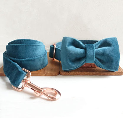 PETDURO Personalized Dog Collar Teal Soft Velvet for Large Medium Small Boy Girl Dogs - Custom Collar with Name Phone Number Engraved on Rose Gold Metal Buckle - Add Leash Bow Set via Customize Now