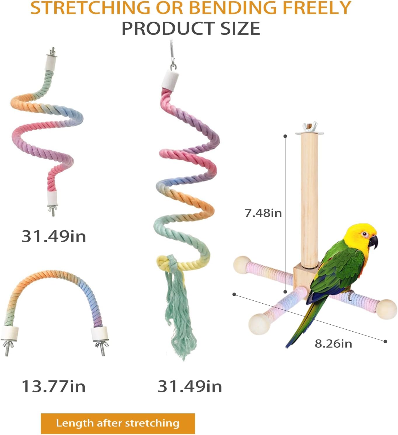 4-Piece Bird Toys for Parrots - 360° Rotating Wooden Perches for Cages, Interactive Bird Cage Accessories with Swing & Ladder, Suitable for Small-Medium Parrots, Parakeets, Cockatiels