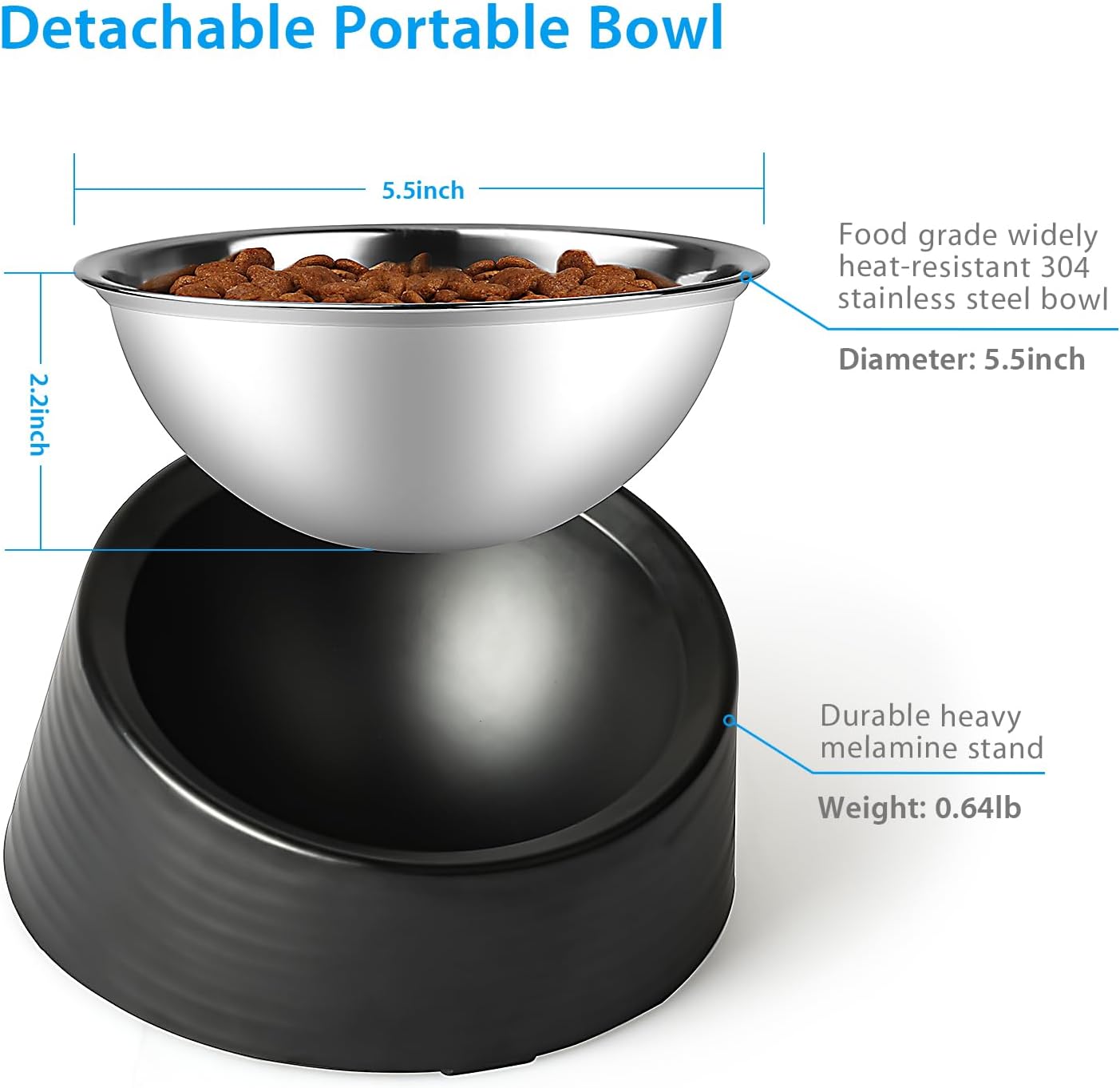Tilted Slanted Dog Bowl 1 Cup, 15° Tilted Stainless Steel Dog Cat Food Bowl, Non-Slip & Non-Spill Pet Feeder with Elevated Detachable Melamine Stand, Easy to Get Food Dish, Medium Black