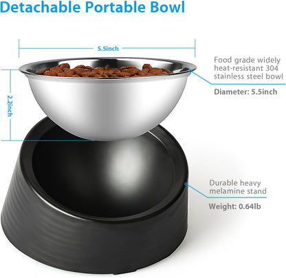 Tilted Slanted Dog Bowl 1 Cup, 15° Tilted Stainless Steel Dog Cat Food Bowl, Non-Slip & Non-Spill Pet Feeder with Elevated Detachable Melamine Stand, Easy to Get Food Dish, Medium Black