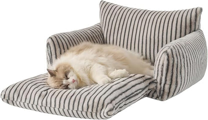 Hollypet Cat Bed Fluffy Plush Mutifuctional Double-Layer Soft Pet Couch Orthopedic Sofa Nest Beds for Small Cats and Dogs, Dark Gray Stripes (25x20x13 inch)