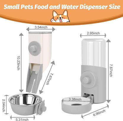Yummy Sam Hanging Cage Automatic Small Pet Food Bowl Water Bottle Dispenser, Kennel 500ML Waterer and Auto Gravity Pet Feeder Set with Separate Food Bowl Crate Feeder Dish for Puppy Cats Rabbit (Grey)