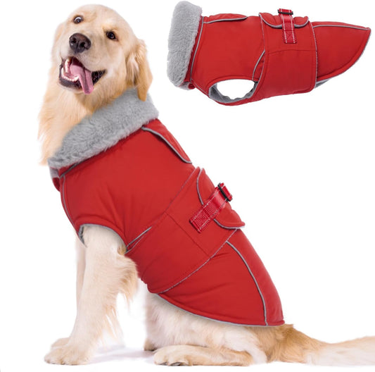 Lelepet Warm Dog Coat - Reflective Waterproof Fleece Vest with Adjustable Buckle Hook & Loop, Windproof Winter Jacket Dog Coats for Small Medium Large Dogs, Red, XXL