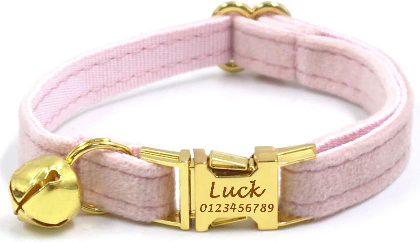 Pink Personalized Cat Collar with Name Tag & Bells Optional Bow-tie Cute Cat Collars for Girls Cats, Soft Durable Custom Kitten Collars for Small Large Cats(Pink)