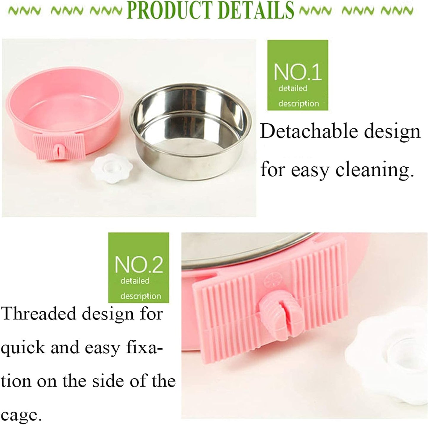 kathson Crate Dog Bowl, Removable Stainless Steel Hanging Pet Cage Bowl Food & Water Feeder Coop Cup for Cat, Puppy, Birds, Rats, Guinea Pigs (3 PCS, Size: M, Blue, Green, Pink)