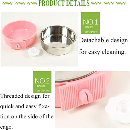 kathson Crate Dog Bowl, Removable Stainless Steel Hanging Pet Cage Bowl Food & Water Feeder Coop Cup for Cat, Puppy, Birds, Rats, Guinea Pigs (3 PCS, Size: M, Blue, Green, Pink)