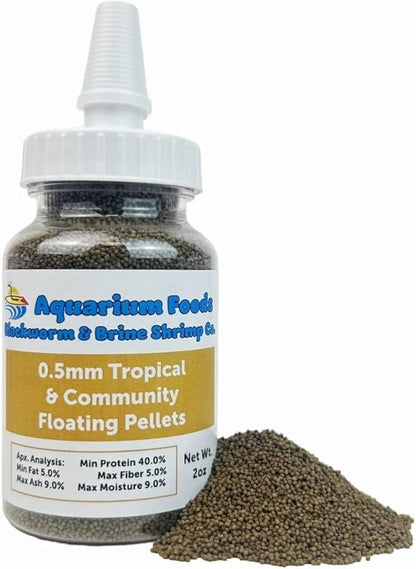 Aquatic Foods Inc. 0.5mm Tropical & Community Fish High Protein Micro Floating Pellets for Baby Cichlids, Bettas, Tetras, Guppies, Baby Koi & Pond Fish…2oz Squeeze Bottle