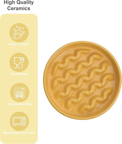 Ceramic Maze Dog Slow Feeder with Non-Slip Silicone Rim – Heavy-Duty Stoneware Bowl with Puzzle Pattern for Bloating & Obesity Prevention (Yellow-S)