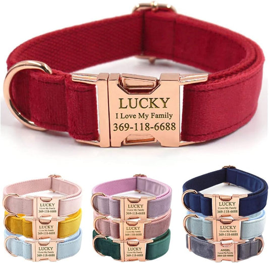 PETDURO Custom Dog Collar Personalized with Name Engraved Rose Gold Metal Buckle for Large Medium Small Girl Dogs - Dog Leash and Bow Tie Available - Soft Comfy Velvet (Christmas Red RG, XS)