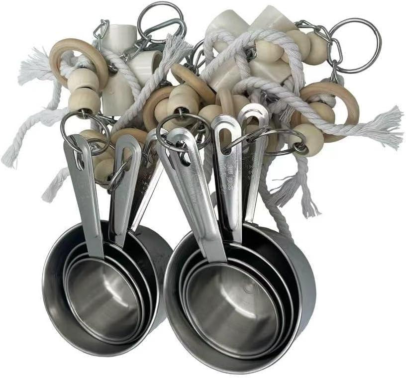 Durable Stainless Steel Pots & Wooden Beads Parrot Toys - Pullable 8 Metallic Cups & 8 Natural Dye-Free Rings for Large & Extra Large Parrots Macaws Amazons African Greys Cockatoos Eclectus