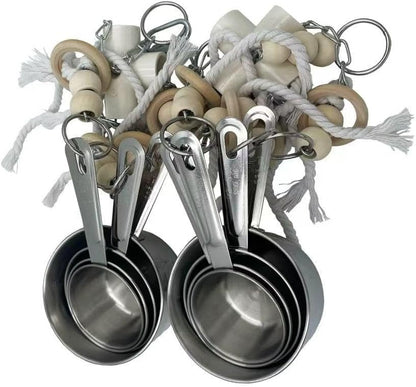 Durable Stainless Steel Pots & Wooden Beads Parrot Toys - Pullable 8 Metallic Cups & 8 Natural Dye-Free Rings for Large & Extra Large Parrots Macaws Amazons African Greys Cockatoos Eclectus