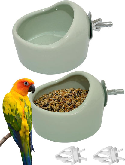 2PCS Birds Feeding Dish Cups Ceramic Bird Cage Food Bowls, Bird Cage Feeder Hanging Parrot Food Bowl for Budgie Finches Lovebirds Cockatiels (Green)