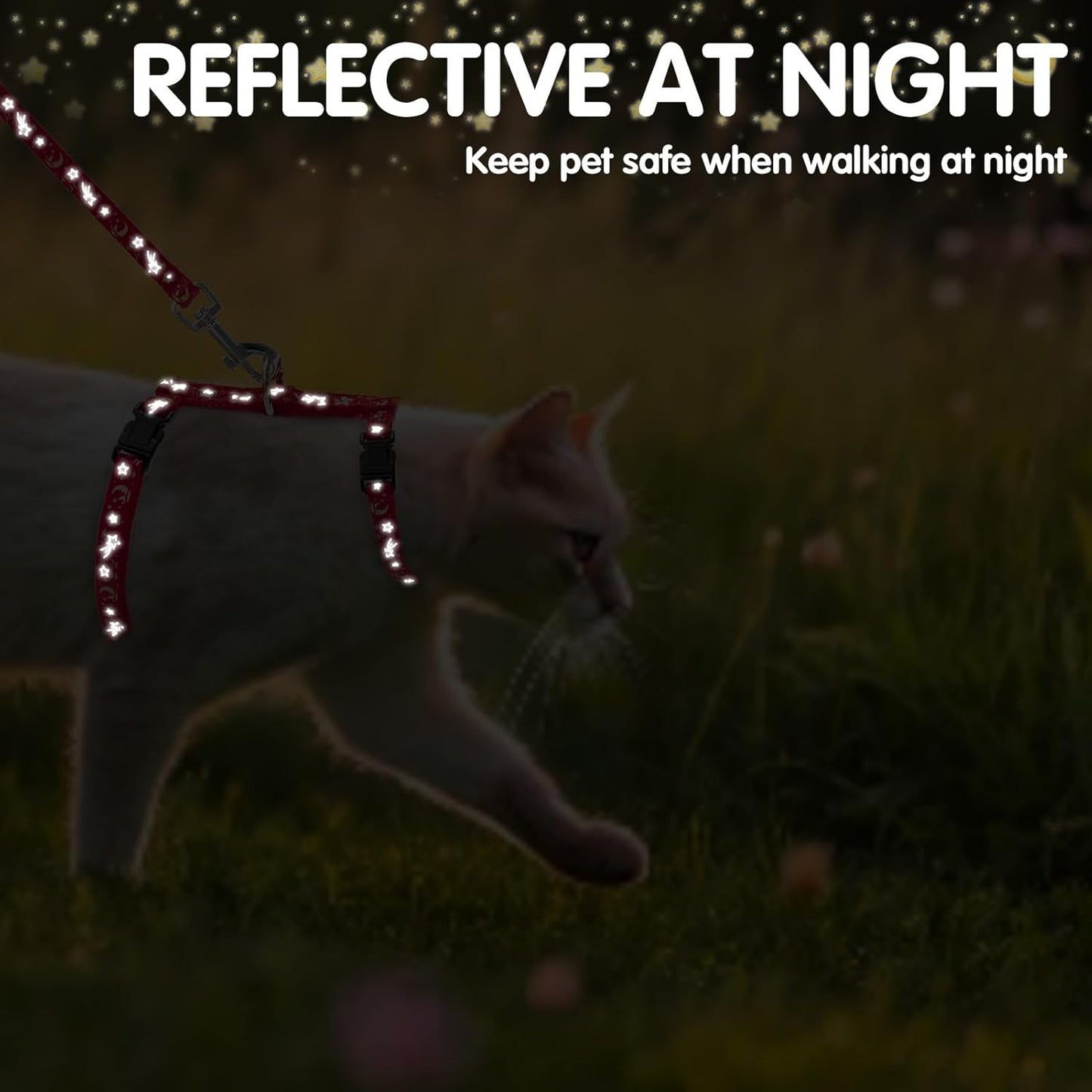 PAWCHIE Cat Harness with Leash and Collar Set - Escape Proof Adjustable H-shped Cat Harness with Star and Moon Pattern Glow in The Dark for Kitty Outdoor Walking