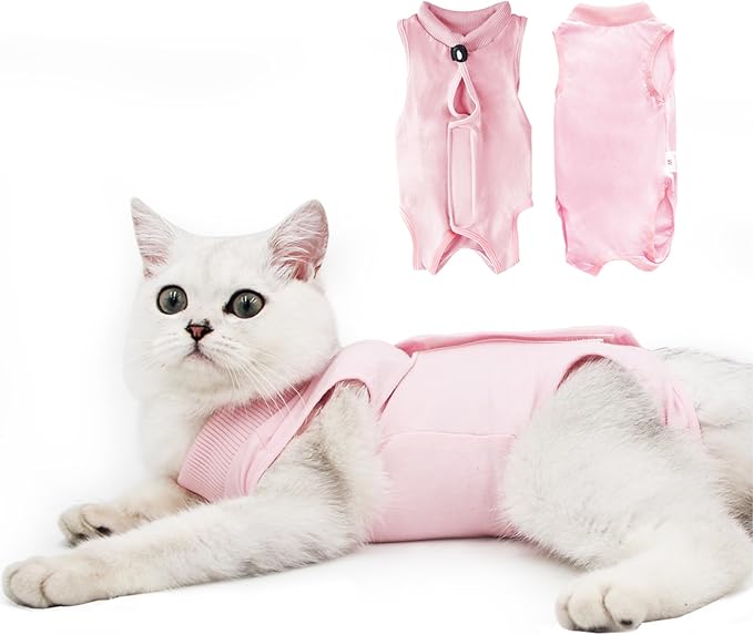 Cat Recovery Suit for Male and Female Surgical Post Surgery Soft Cone Onesie Shirt Clothes Neuter Licking Protective Diapers Outfit Cover Kitten Spay Collar(L, Pink)