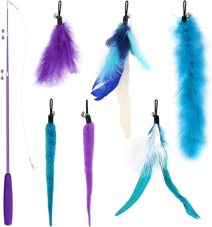 SONGWAY Interactive Cat Feather Toy Set - Retractable Teaser Wand with 6 Pcs Feather Refills with Bell, Cat Wand Toys for Indoor Cats Kittens Play Chase Exercise, Blue