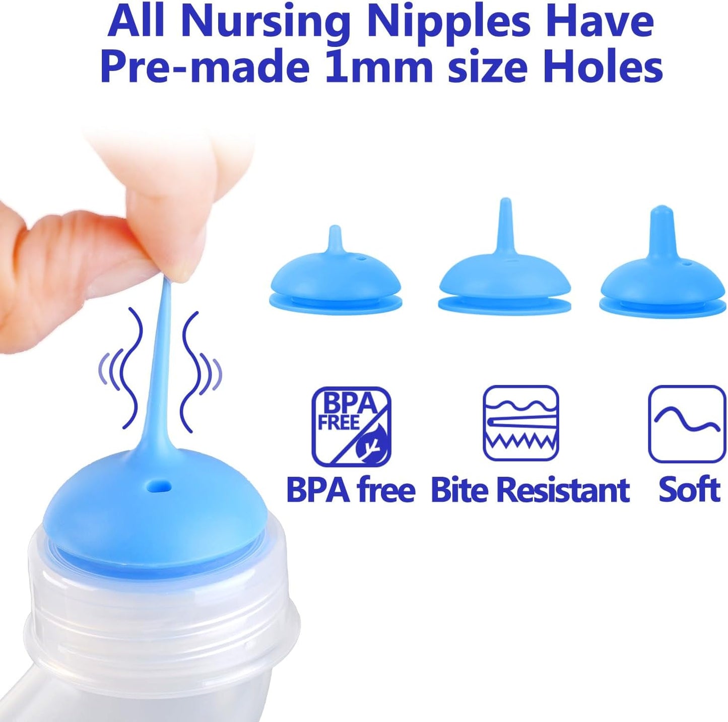 Pet Feeding Bottle and Syringes, 3 Sizes Nipples with Ventilation Valve Resistant Tearing Perfect for Puppies, Kittens, Small Wildlife (Blue)