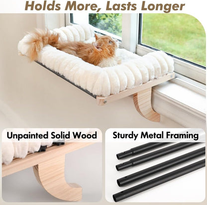 Cloud-Soft Cat Window Sill Perch with Zipper Designed Cushioned Bed, Supportive Cat Window Seat with Premium Solid Wood & Sturdy Metal Frame, Pet Hammock Bed for Large Cats (Medium, White)
