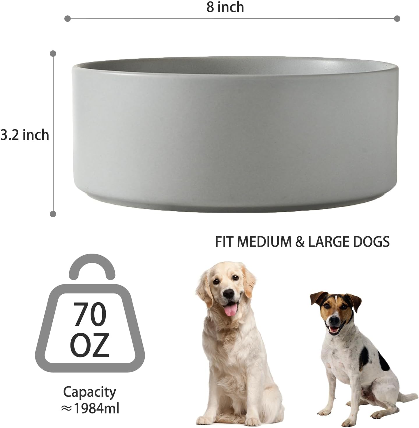 8'' Ceramic Dog Bowl - 70Oz Classic Dogs Food & Water Bowl for Medium and Large Breeds, Heavy-Duty Non-Slip Dog Dish, Food Grade Stoneware Pet Bowl, Dishwasher & Microwave Safe, Grey