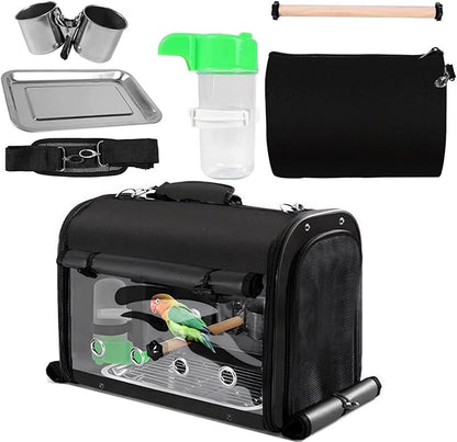 Sanmoncare Bird Carrier Bag Cockatiel Travel Cage with Stand, Lightweight Travel Carrier for Small Bird, Portable Parrot Travel Bag, Pet Transparent Travel Backpack