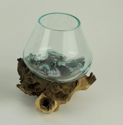 Clear Molten Glass On Teak Driftwood Base Decorative Bowl Vase Terrarium Planter