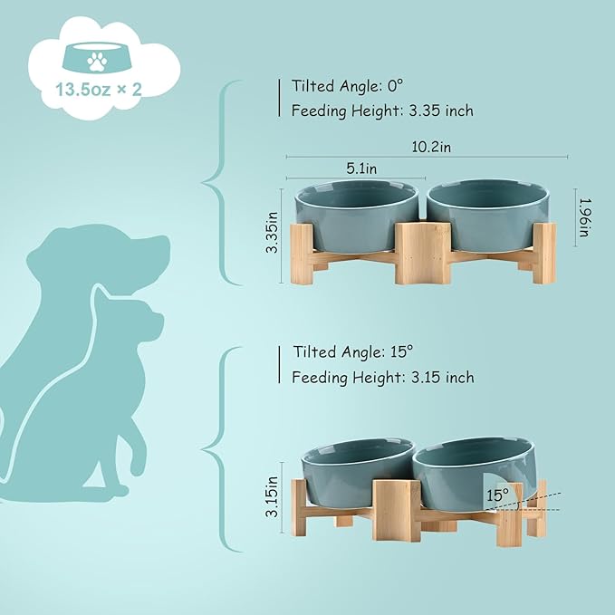 SPUNKYJUNKY 15° Slanted Ceramic Dog and Cat Bowl with Wooden Stand, Tilted Bulldog Food and Water Bowl No Slip Non-Spill for Cats Medium Dogs Big Face Pets 13.5 OZ (1.7 Cups, Light Green × 2)