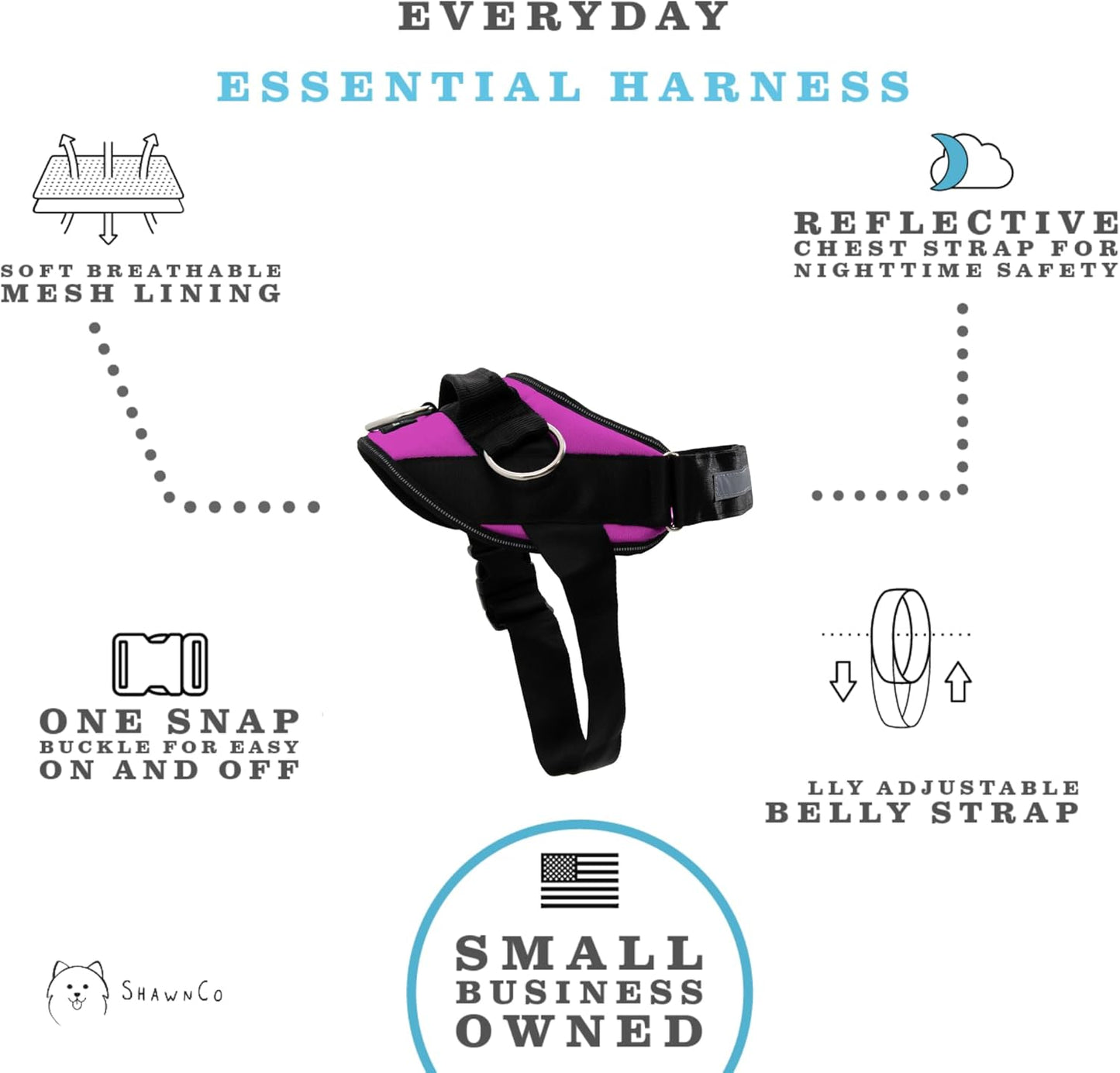 ShawnCo Essential Dog Harness, No-Pull Pet Vest with 3 Leash Clips, No Choke, Reflective, Adjustable and Padded, for Easy Walking and Training for Small, Medium and Large Dogs (Orchid, XL)