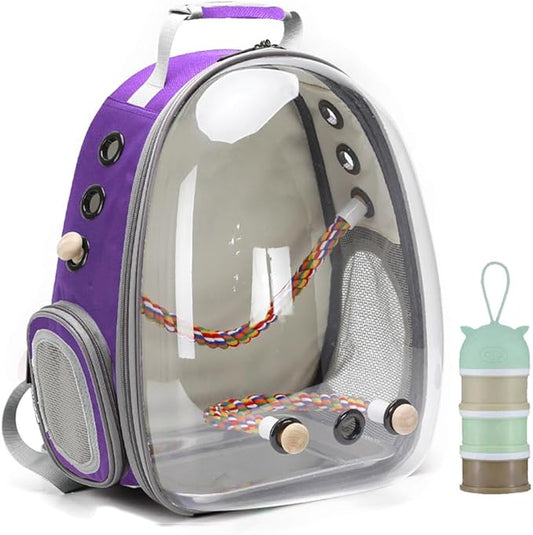 Bird Traval Carrier Cage, Clear Space Capsule Astronaut Backpack to Carry Parakeet Cockatiel Parrot with Metal Tray Wood Perch, Vet Transport Book Bag