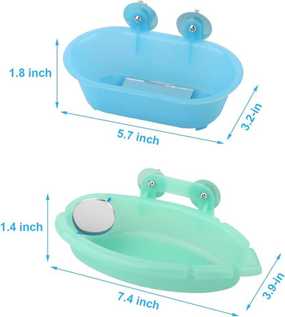 Wontee Bird Bath Box with Mirror Portable Parrot Hanging Bathroom Bathing Tub for Small Birds Cleaning Supplies (Blue(B)+Green)