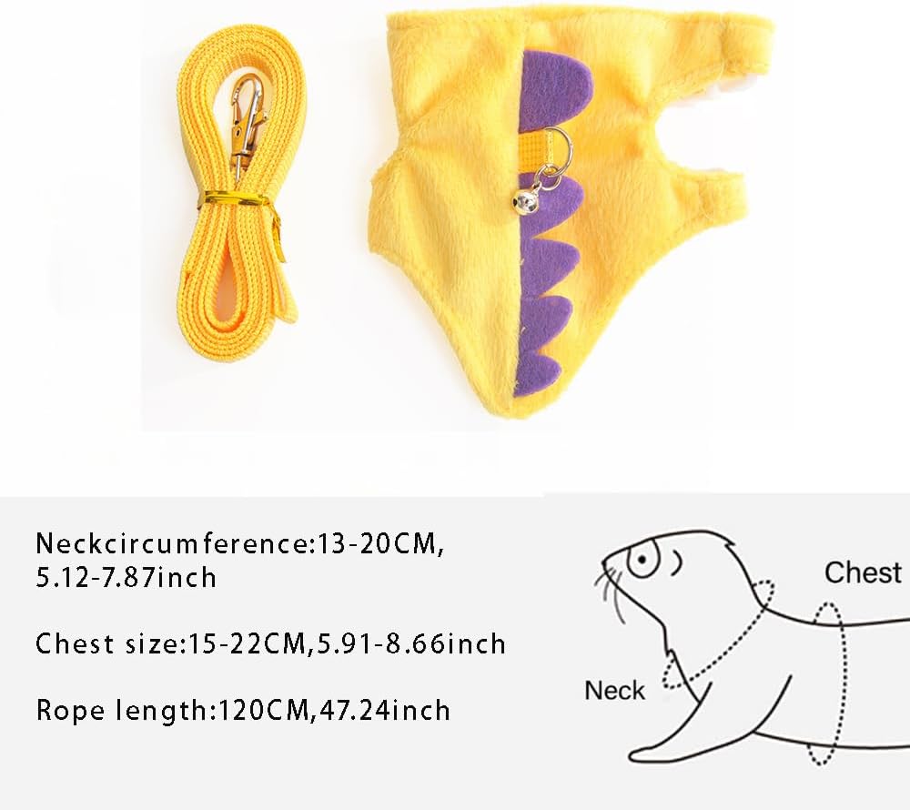 Ferret Leash and Harness Set, Dinosaur Design Small Animal Harness with Leash, Adjustable & Escape-Proof, Soft Plush Comfort for Rabbits, Kitten, Bunny, Hedgehog (Yellow)