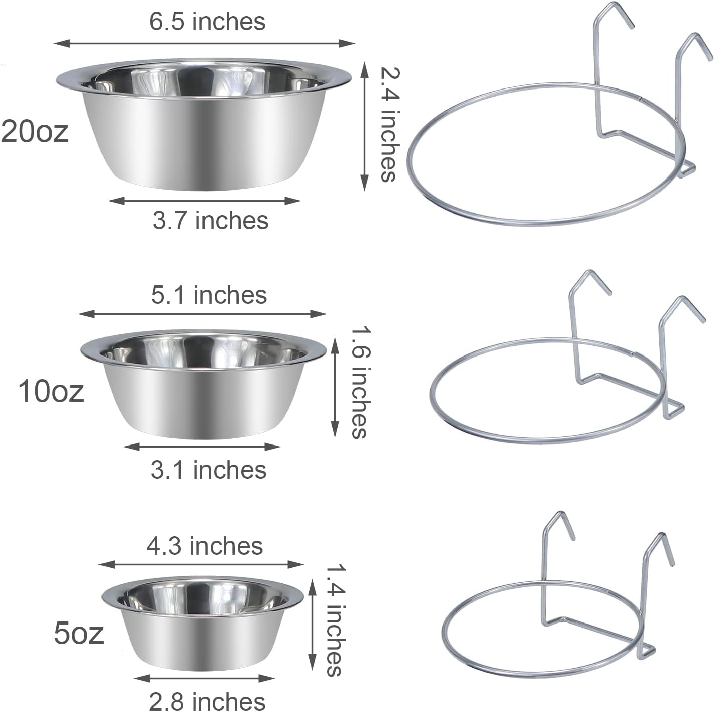 Wontee Pet Bowl Stainless Steel Hanging Food Water Bowls Bird Cage Feeder for Birds, Parrots, Small Sized Dogs and Cats (S+M+L)