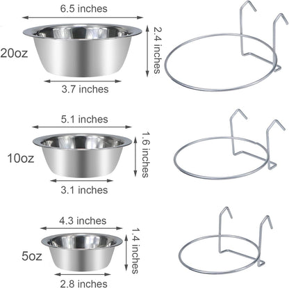 Wontee Pet Bowl Stainless Steel Hanging Food Water Bowls Bird Cage Feeder for Birds, Parrots, Small Sized Dogs and Cats (S+M+L)