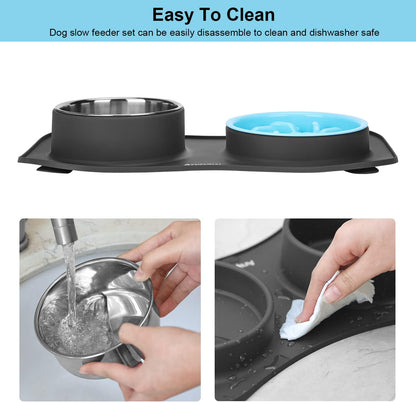 Slow Feeder Dog Bowls 3 in 1 Stainless Steel Food and Water Bowls with Non-Spill and Skid Silicone Mat to Slow Down Eating for Large Medium Small Breed Size Dogs and Cats
