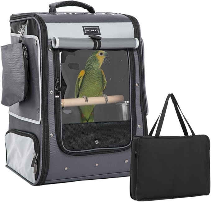 Petsfit Bird Carrier with Shade Cover,Adjustable Height Standing Perch and Great Ventilation, Fit for Medium/Large Sized Birds(Large, Grey1)