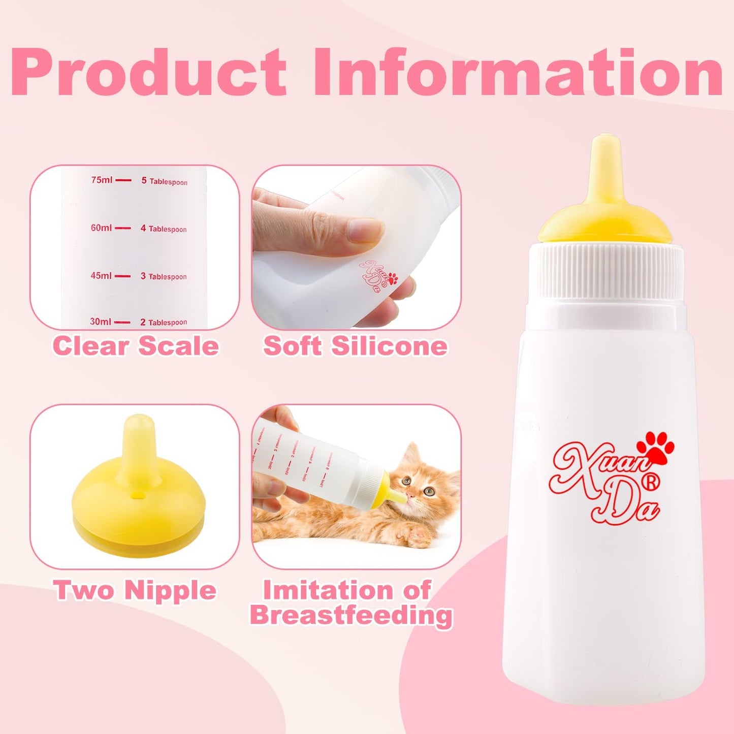 Kitten Bottle Feeding kit with Feeding Nipple and Syringe, Soft Silicone Nursing Pet Feeding Bottle, Ventilation Valve Resistant Tearing for Small Puppies, Kittens, Rabbit (L Nipple-Yellow)