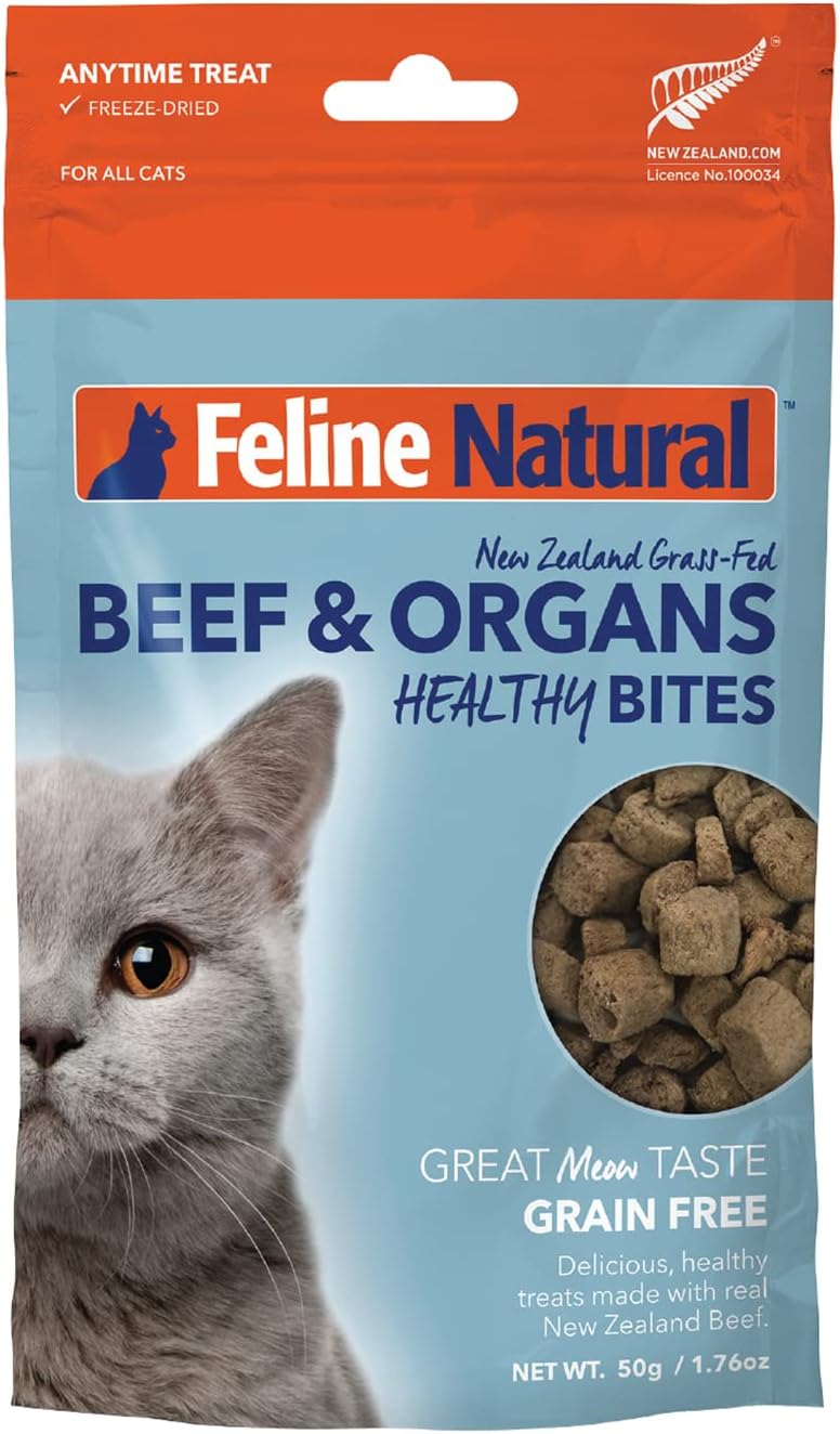 Feline Natural Freeze Dried Cat Treats – New Zealand Single-Source Protein Treats for Cats - Grain-Free Healthy Cat Snacks, Beef Bites, 1.76oz
