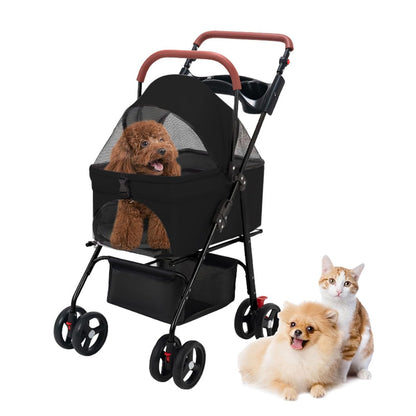 Pet Stroller Pram Dog Carrier Trailer 4 Wheels Foldable Dog with Storage Basket,Holds up to 44 lbs,Adjustable Handle,Folding Travel Stroller Suitable for Traveling with Cats and Dogs (Black)