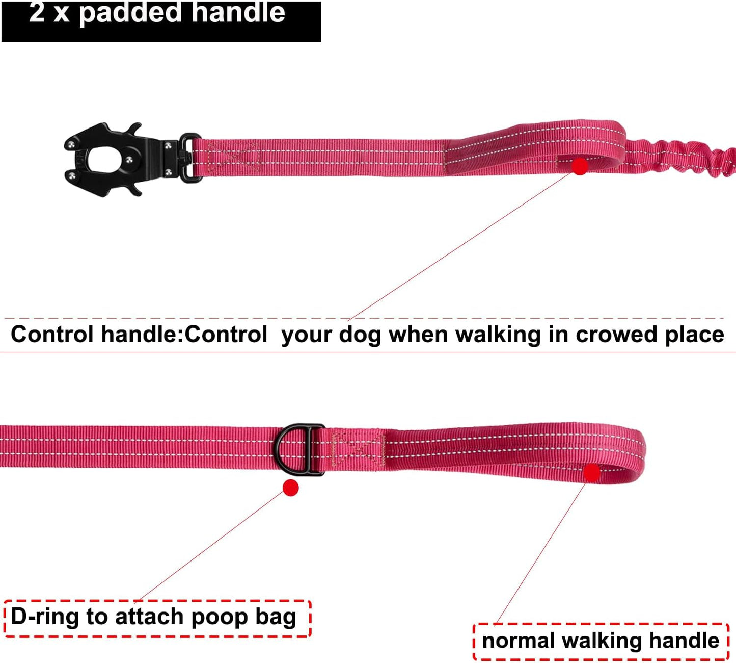 ICEFANG Tactical Dog Leash,K9 Training Walking Bungee Lead with 2 Control Handle,Heavy Duty Quick Release Metal Clasp,for Medium Large Breed (Reflective Rose, 6 FT)