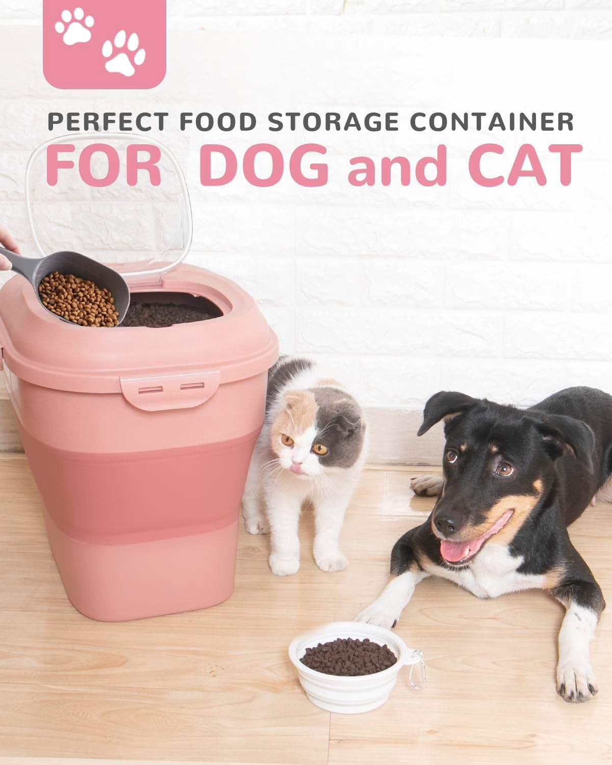 30-35 Lbs Dog Food Storage Container Collapsible Dog Food Container with Airtight Lids, Wheels, Scoop and 2pcs Food Storage Containers, Large Pet food storage for Dog, Cat (Pink)